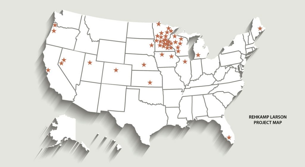 United States with stars showing RLA projects. Most stars in MN, WI, northern IA. A few stars in OR, CA, NV, one each in UT, CO, NE, SD, KS, IL, MI, FL, ME